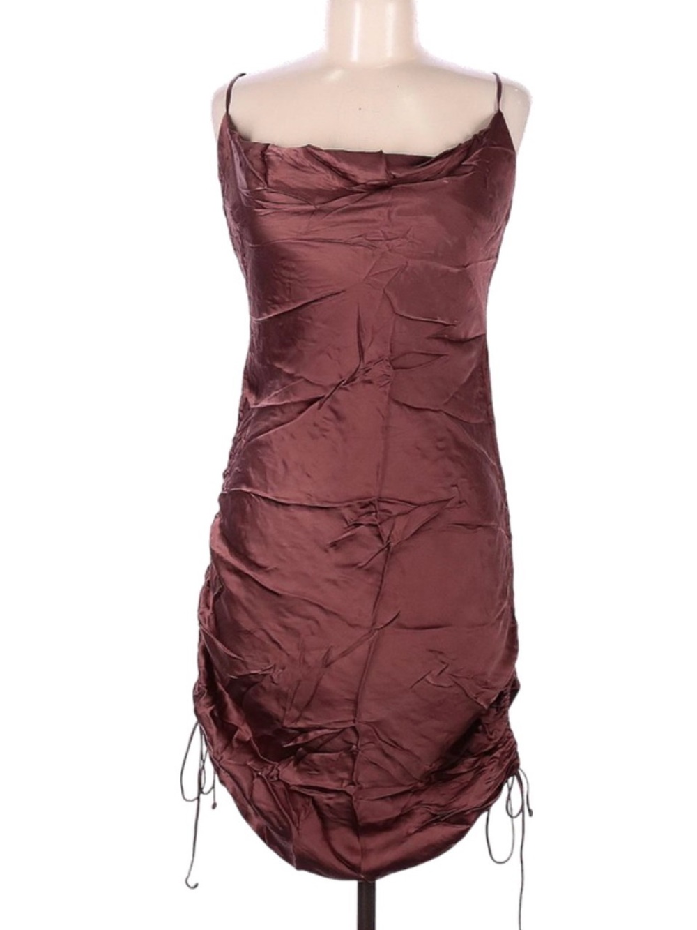 Aritzia Wilfred Satin Ruched Burgundy-Brown Slip Dress